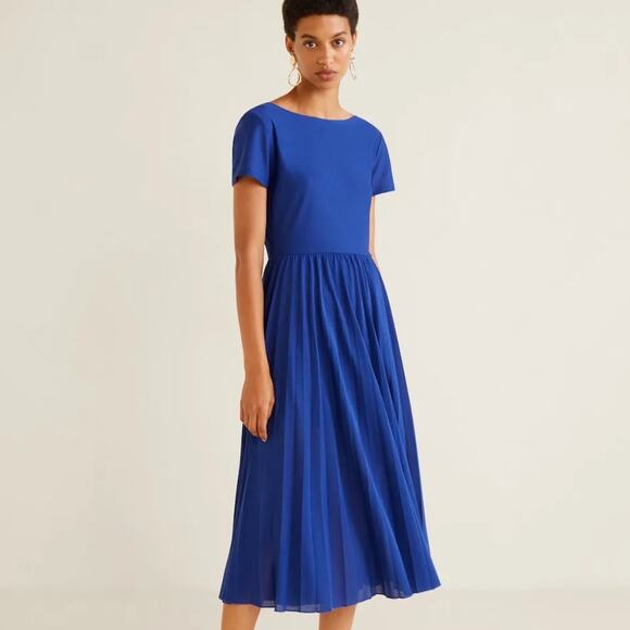 NOVIS NEW YORK Pleated Fit & Flare Midi Dress Full Skirt Royal Cobalt Blue  YY21